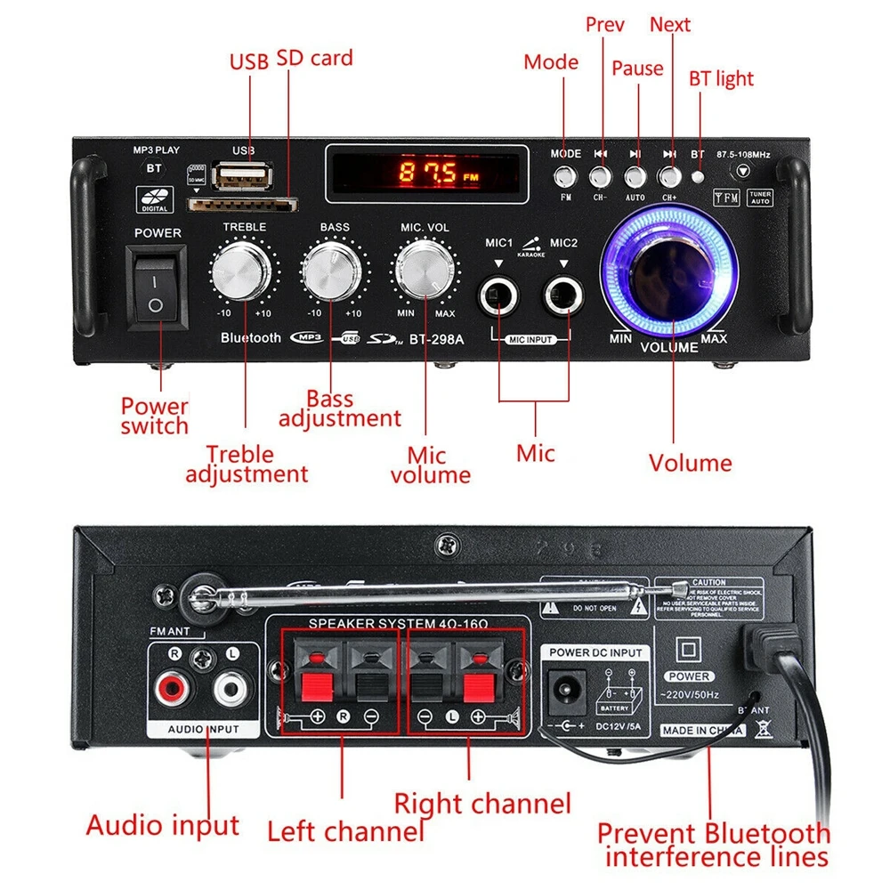 Car Stereo Amplifier 12V/ 220V BT-298A 2CH LCD Display 300W+300W Digital HIFI Audio Stereo Power Amplifier Bluetooth FM Radio With Remote Control EU