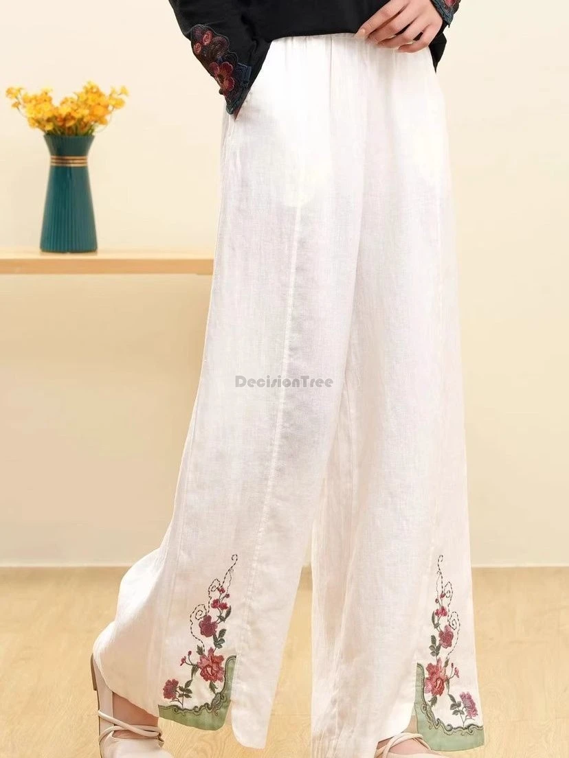 new literature art casual pants chinese ethnic style elastic waist cotton linen trousers embroidery loose wide leg britches