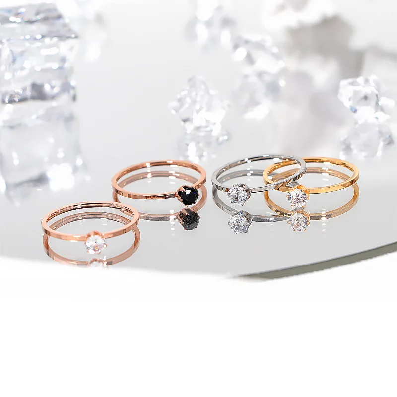 Stainless Steel Single CZ Ring Simple 1mm Thin Wedding Band For Women Girl Size 3-10