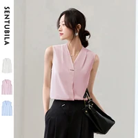 Chemisier sans manches en mousseline SENTUBILA pour femme, nouvelle collection été 2026, col en V droit, tenue de travail professionnelle, vêtements pour femme Q52VA0079 1