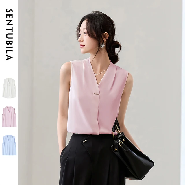 Chemisier sans manches en mousseline SENTUBILA pour femme, nouvelle collection été 2026, col en V droit, tenue de travail professionnelle, vêtements pour femme Q52VA0079 1