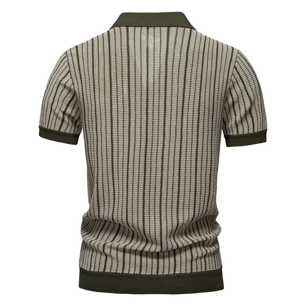 AIOPESON 2025 Men's Striped Mesh Polo Shirt - Breathable Contrast Panel Knit Top with Turn-Down Collar 13 S5d33c2f3515e4925bfdc379101c134452