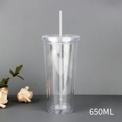 Clear Reusable Double - Layer Tumbler with Straw - Premium Transparent Drinkware (650ML)