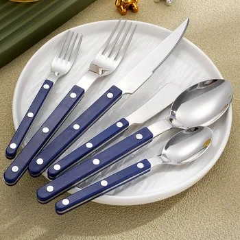 Ensemble de couverts en acier inoxydable avec manche bleu, cadeau créatif, couverts, couteau, fourchette, cuillère, goutte de soleil, mode, nouveau, 304, 18/10