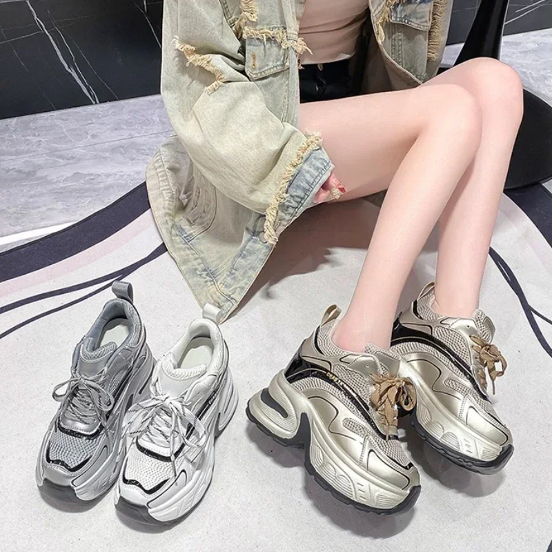 Summer Breathable Mesh Sneakers Thick Bottom Sports Shoes New 2025 Women Wedges Casual Chunky Shoes High Platform Sneakers 10CM 4