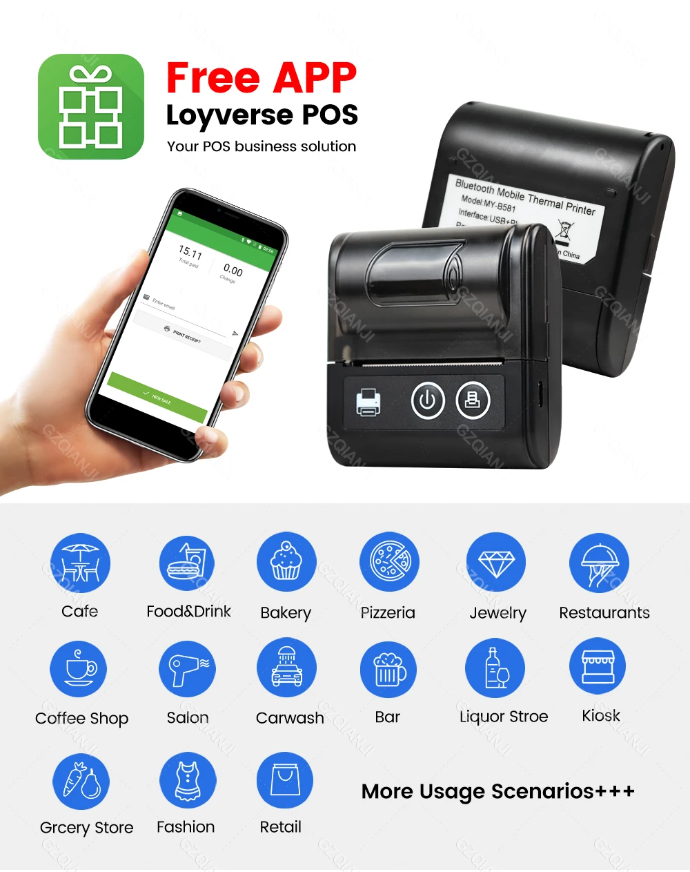 Description Picture 6 of item2 inch 58mm Mini Portable Printer Thermal Paper Printers For Mobile Phone PC Android iOS USB Bluetooth Maker For Store Shipping