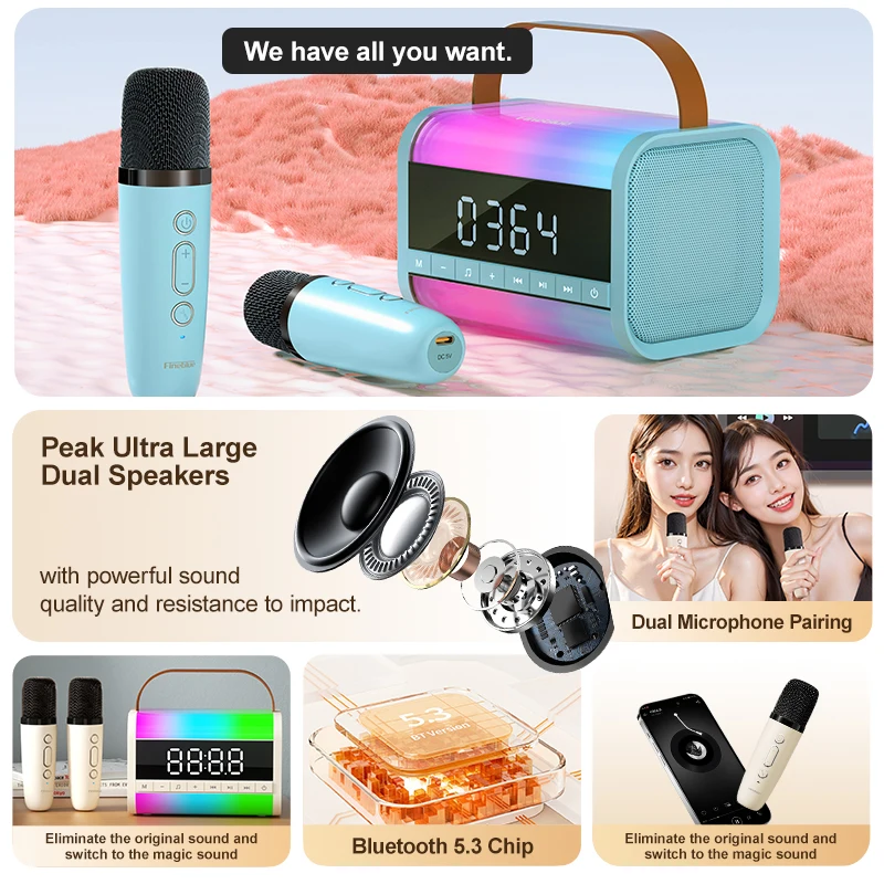 Fineblue W03 Bluetooth Karaoke Speaker with Microphones Portable Phone Karaoke Home/Camp KTV HIFI Stereo RGB Colorful LED Party