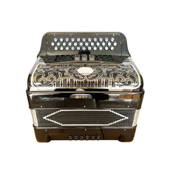 34 Button 12 Bass 3 Range Shiny Black Black and Gold Grille Accordion Instrument