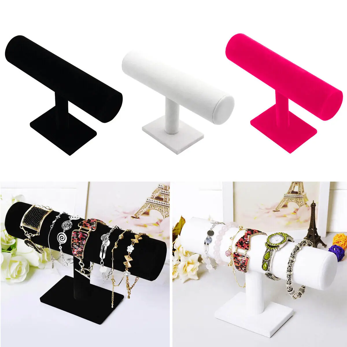 Single Tier Velvet Bracelet Chain Watch T-Bar Rack Jewelry Hard Display Stand Holder Jewelry Organizer High Qualitydisplay Stand vintage natural unpainted wood finger cone ring holder bague jewelry display stand organizer storage rack showcase for exhibit