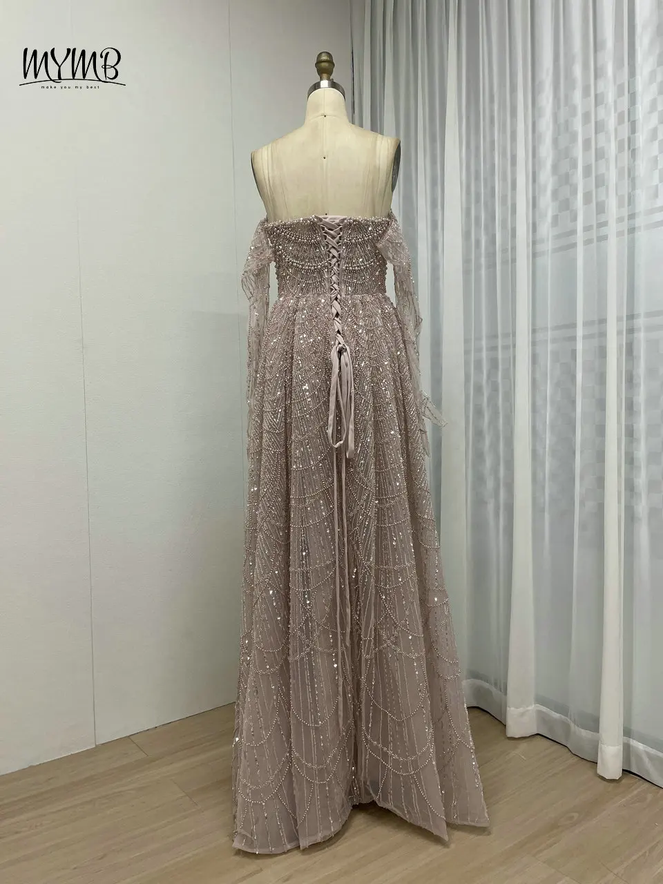 MYMB Champagner Atemberaubende Perlen A-Linie Mädchen Prinzessin Abschlussball Party Kleider Arabische trägerlose Abendkleider mit Schnürung am Rücken und Handschuhen – Detail 17