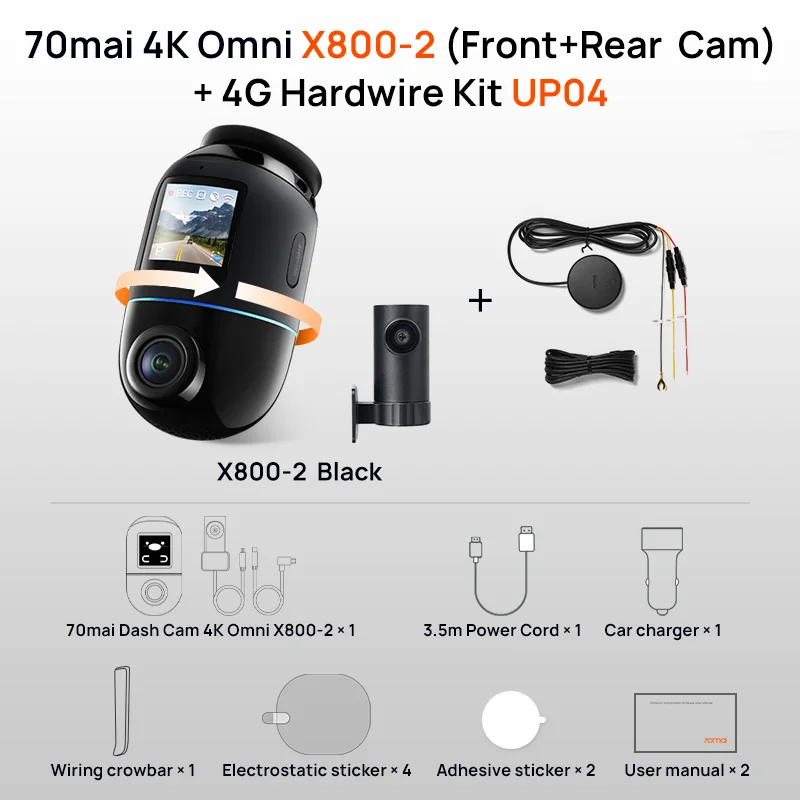 70mai 4K Dash Cam Omni X800 with 4G Hardwire Kit UP04 360