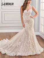 Nude Lining Mermaid Wedding Dresses For Women Spaghetti Straps Lace Appliques Court Train Bridal Gown Robe De Mariee 1