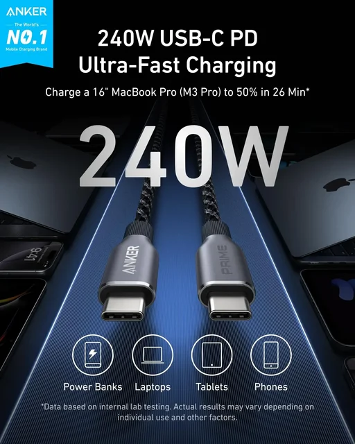 Anker Prime USB C to USB C Cable, 240W 3ft Fast Charging USB C Cable, Upcycled-Braided Nylon with 100-Year Bend Durability 6