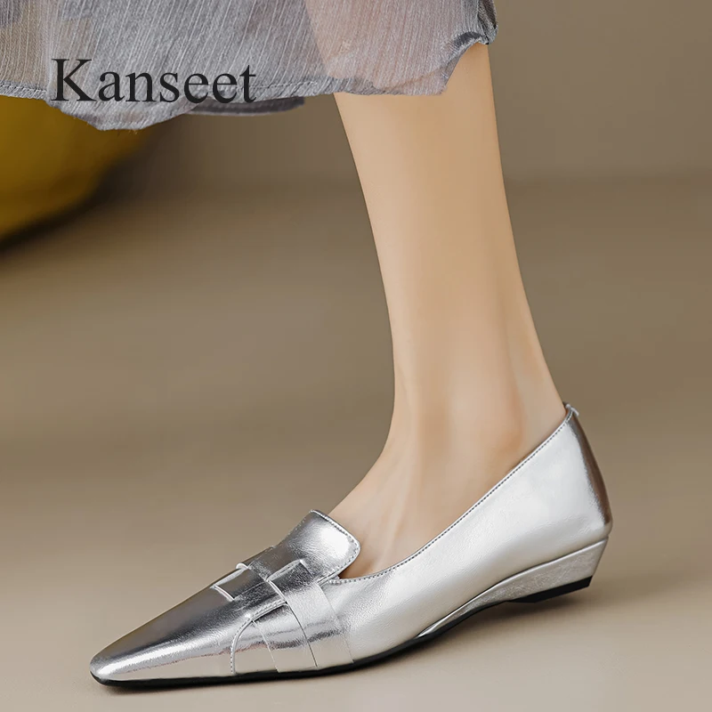 

Kanseet 2023 Spring New Real Leather Shoes For Women Square Toe Handmade Comfortable Flats Casual Slip-On Lady Footwear Silver