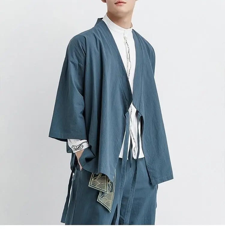 Plus Size Men's Kimono Cardigan Jacket Cotton Linen Japanese Yukata Haori Loose Open Front Hanfu Coat Samurai Costume Streetwear