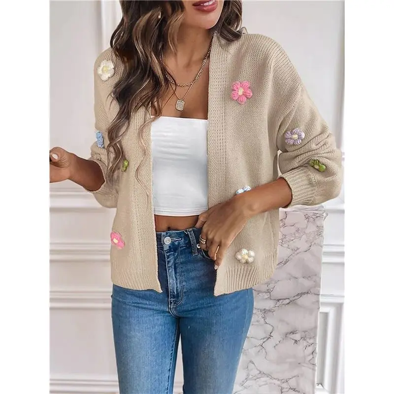 여성용 크롭 가디건 스웨터 보헤미안 크로셰 플로럴 자수 오버사이즈 오픈 프론트 니트 스웨터 아우터웨어