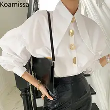 

Koamissa Women Lantern Sleeve Loose Turn-down Collar Shirts Korean Fashion White Office Lady Blouse Spring Autumn All-match Tops
