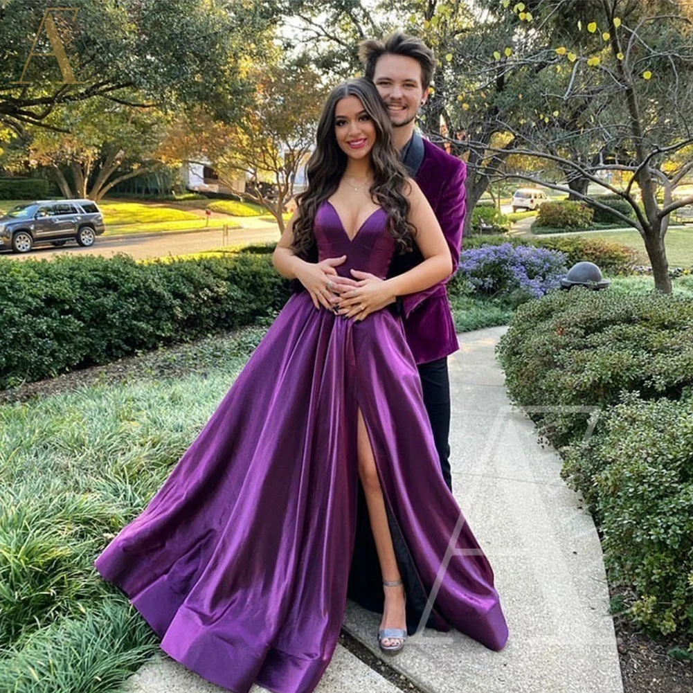 

Grape Satin Elegant Woman Dress for Party Dresses Deep V-neck Prom Gown Custom Occasion Dresses for Women Party Wedding Evening