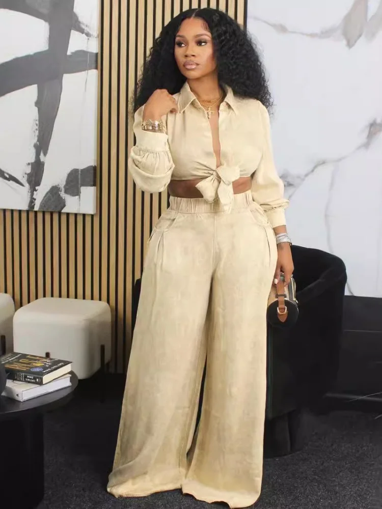 Wmstar Two Piece Set Women Wholesale Autumn New Woman Wear Long Sleeved Casual Wide-leg Pants Loose Casual Shirt Long Pants