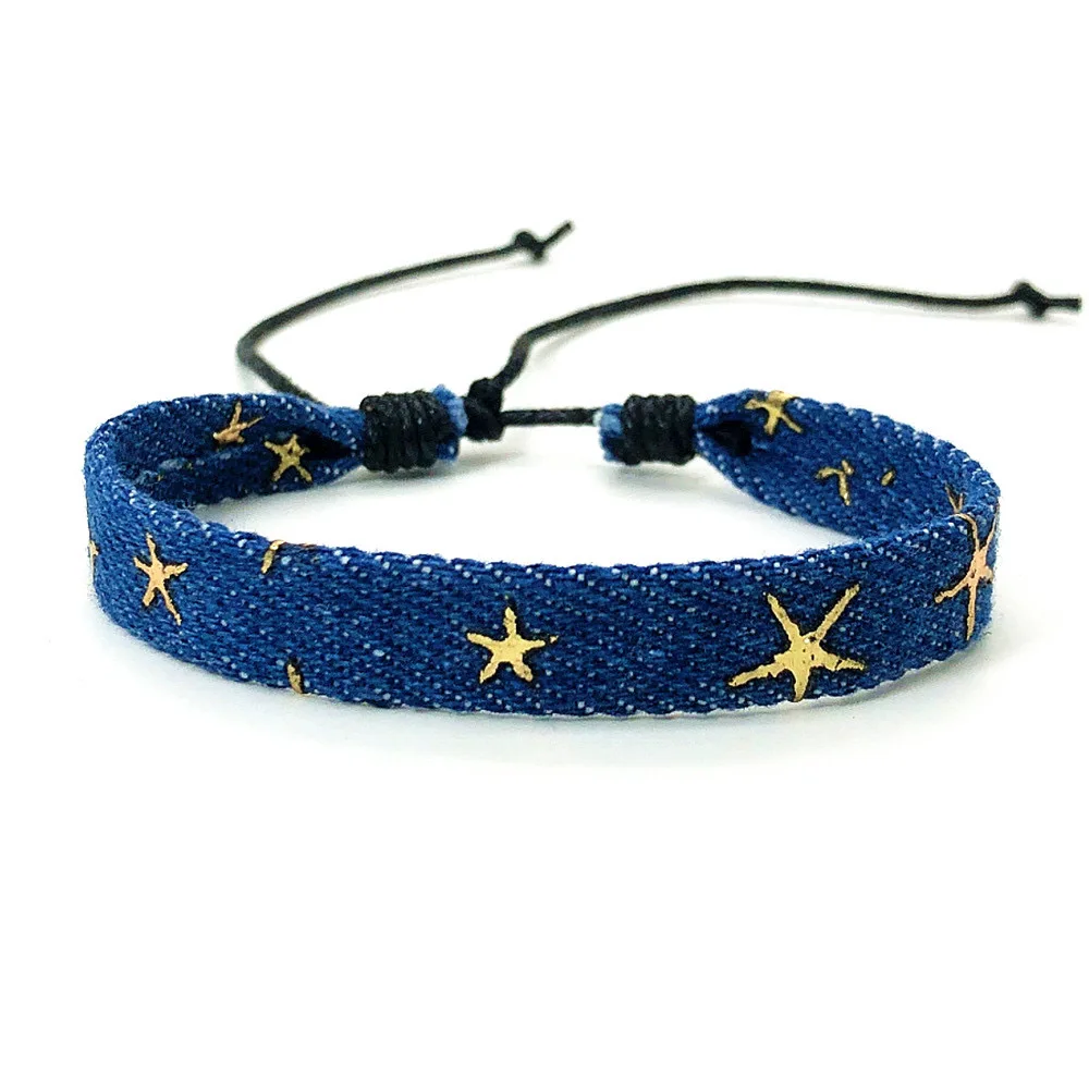 Vintage Star Pattern Denim Fabric Bracelet Handwoven Wrist Strap Jewelry for Women Men