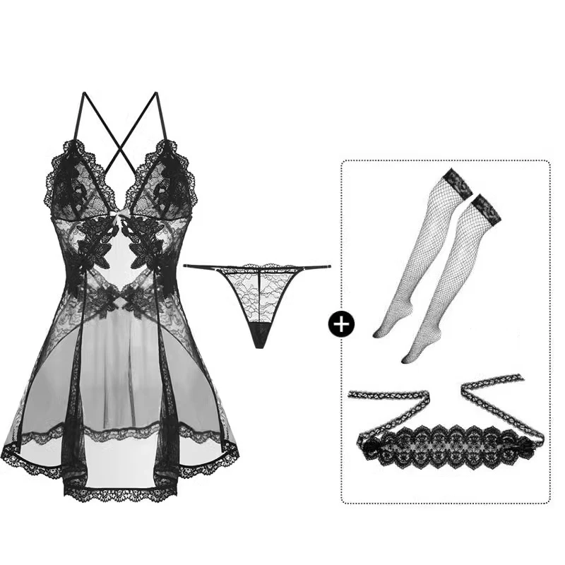 

Sexy Women Lingerie Set Sleepwear Lace Nightgown Pajama and Briefs Stocking Eyemask Sensual Nightdress Erotic Costumes