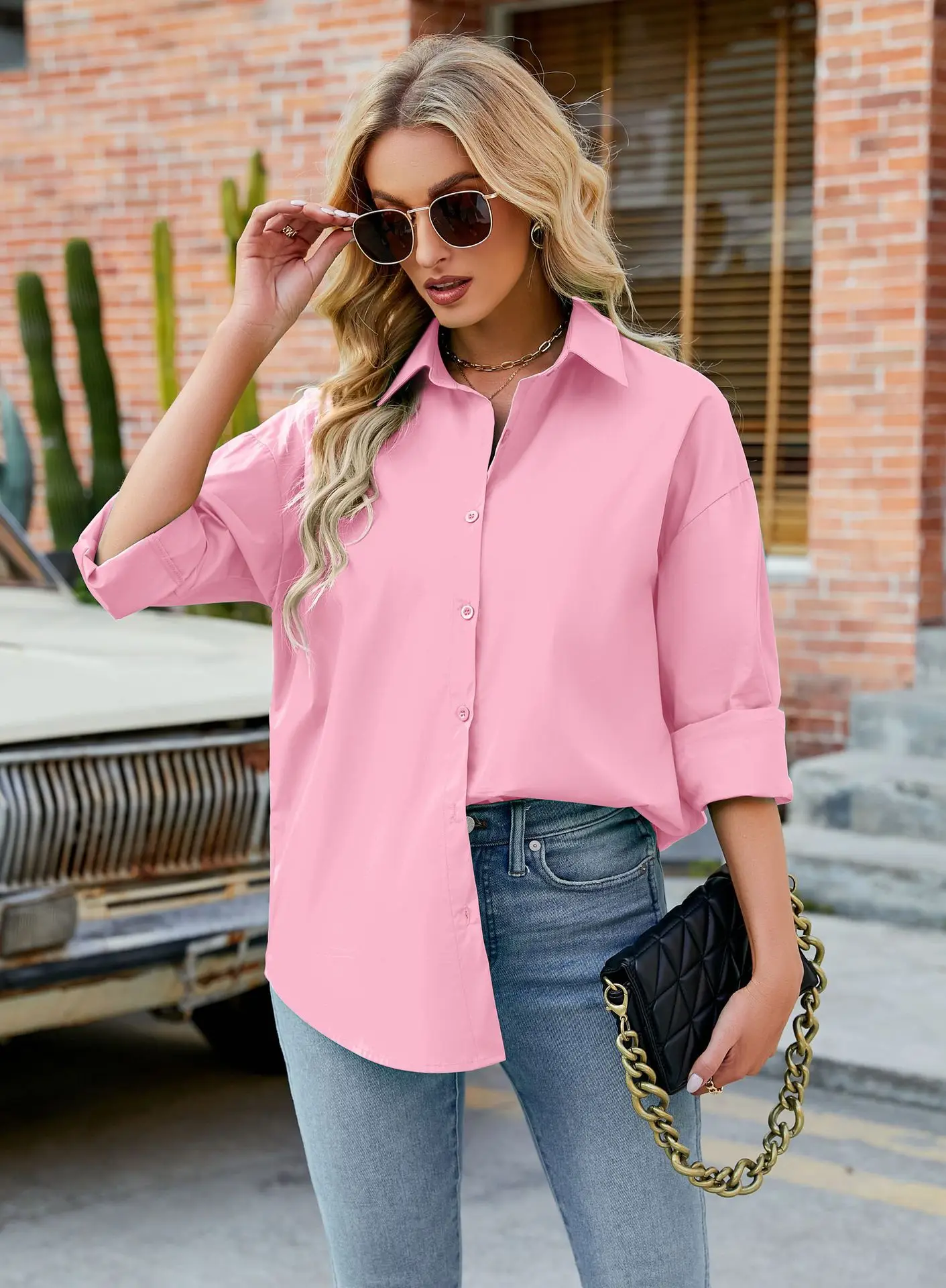 Womens Clothing V-neck Solid Button Long Sleeve Casual Blouse