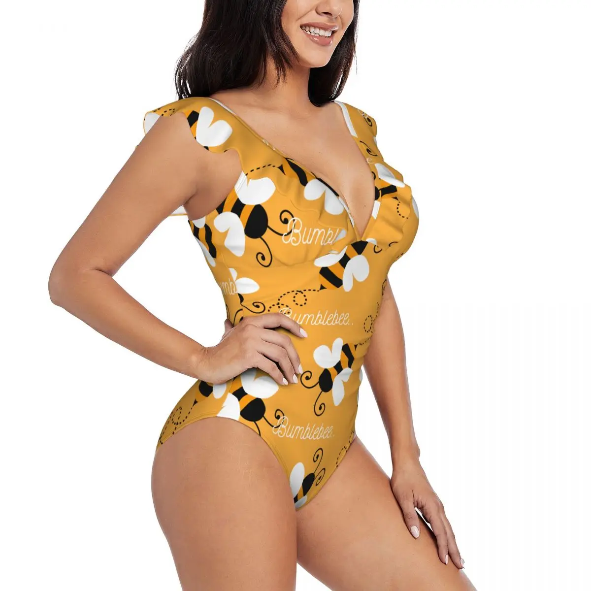 

Swimwear Women One Piece Swimsuit Cute Honey Bee Animals Female Swimming Bikinis Push Up Monokini Sexy Ruffle Bathing Suit