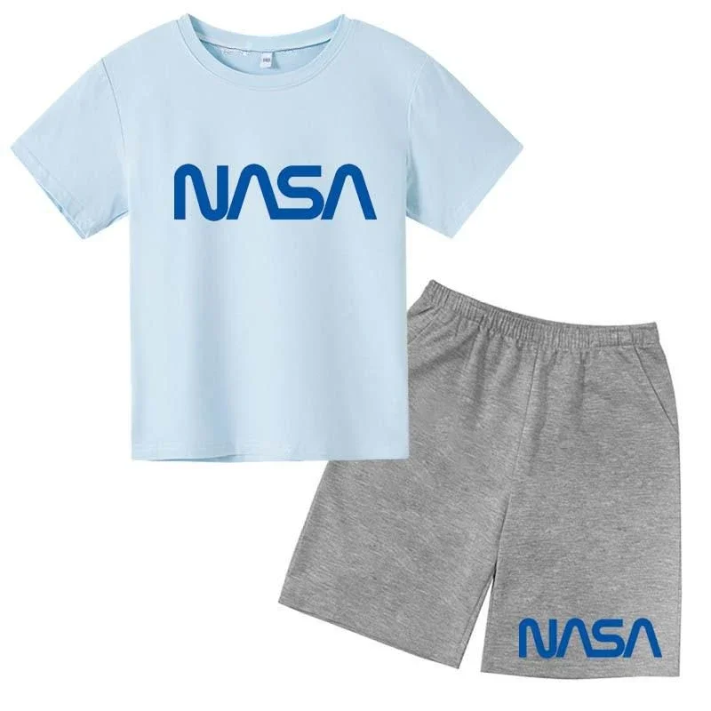 thumbnail image 1 of Conjunto de 2 camisetas y pantalones cortos con estampado de letras de verano para niños de 2 a 13 años, ropa deportiva de calle para niños y niñas, 1 of 5
