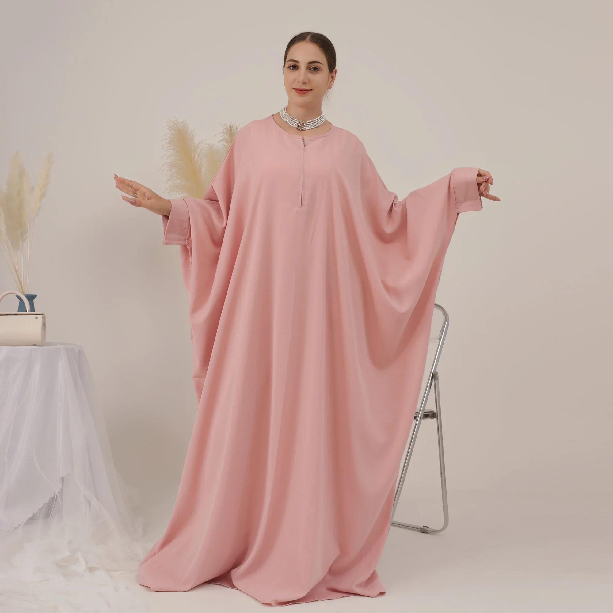 Muslim Jilbab Abaya for Women Ramadan Eid Prayer Garment Islamic Clothes Bat Sleeve Zipper Abayas Dubai Khimar Hijab Dress Burqa