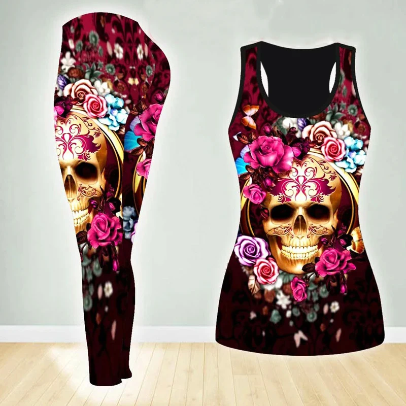 

Women Fashion 3D Print Two Pieces Set Sleeveless Shirt and Legging Summer Combo Skull Tank Top Legging Outfit Suit XS-8XL