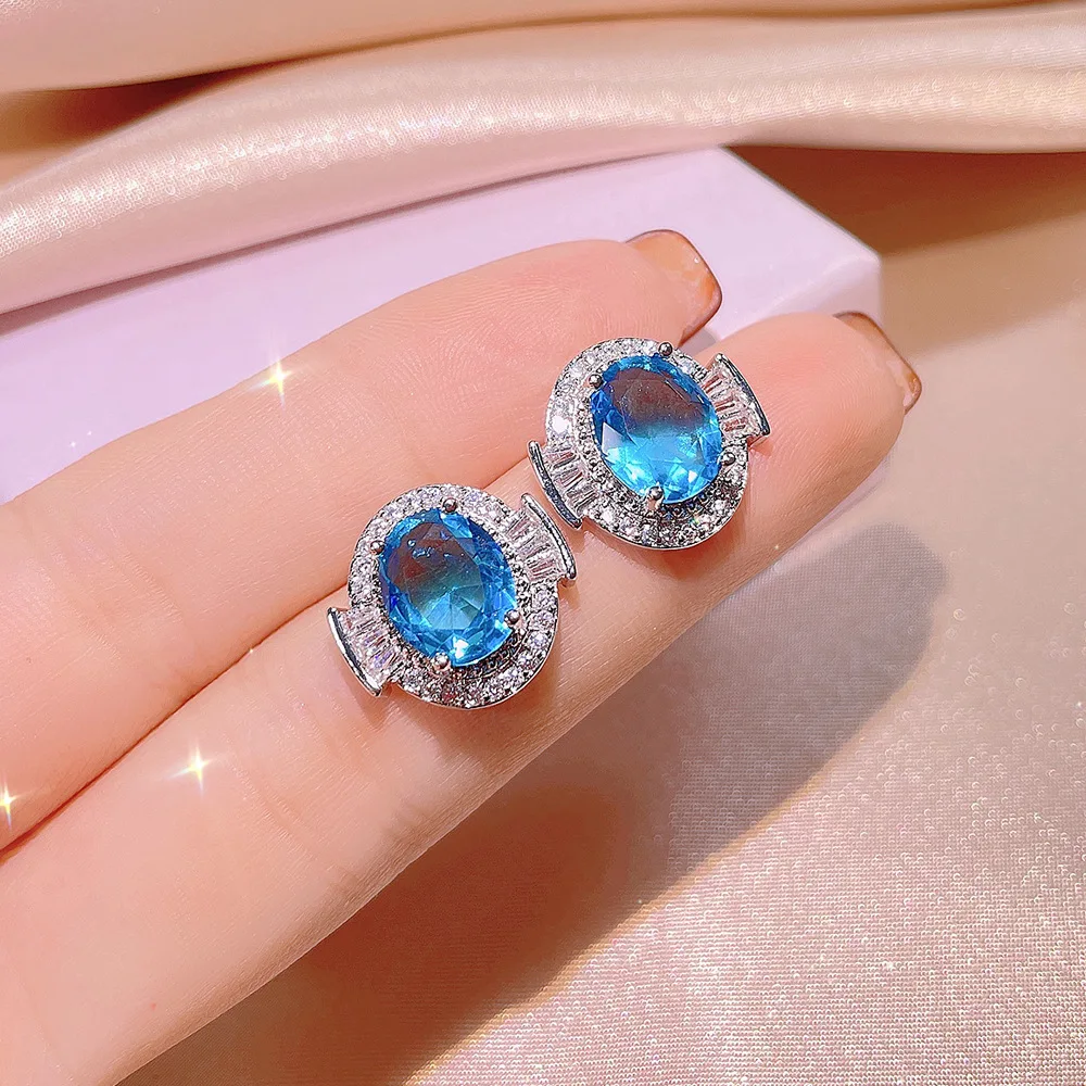 925 Silver Light Blue Zircon Ring Earring Necklace Three-Pcs Set For Ladies Wedding Party Birthday Jewelry Gift