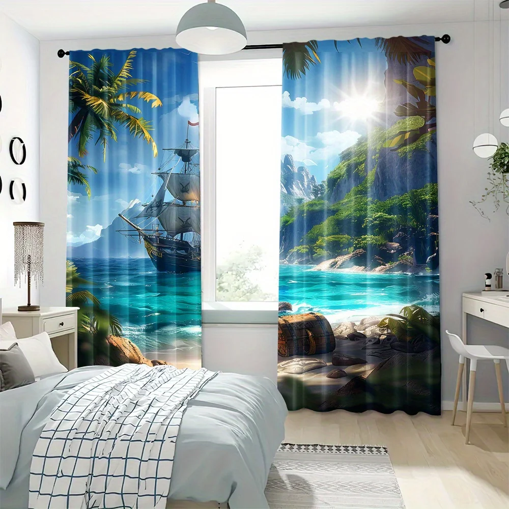 2-Piece Semi-Blackout Curtains Tropical Island Pirate Ship Palm Tree Design Rod Pocket Hanging for Bedroom Floor Window Blinds 5