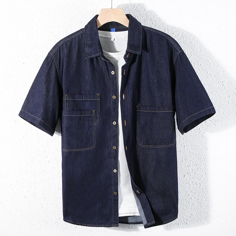 

Japanese Retro Loose Short-sleeved Denim Shirt 2022 Summer New Men's Trendy Casual Shirts Male Classic Brand Black Cargo Shirt