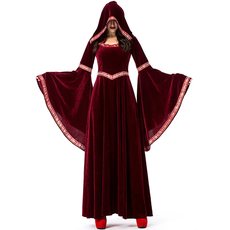 

Halloween Mediaeval Victorian Vampire Robe Hood Fantasia Fancy Dress For Adult Women