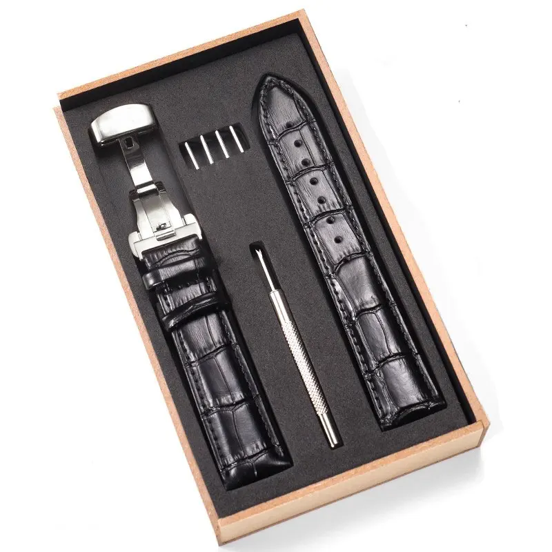 Elegant Genuine Leather Watch Strap with Wooden Box and Butterfly Clasp