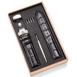 Elegant Genuine Leather Watch Strap with Wooden Box and Butterfly Clasp - 20mm (Black - S)