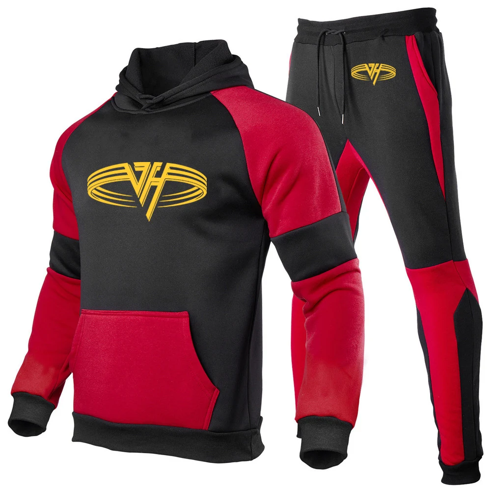 Cotton Patchwork Sports Hoodies and Sweatpants Set for Men