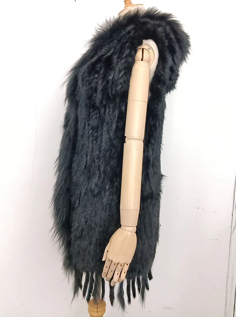 black parka Spring Women Long Knitted Fur Vest With Hood Sleeveless Hooded Genuine Rabbit Fur Gilet With Tassel Female Casual Fur Waistcoat long down coat