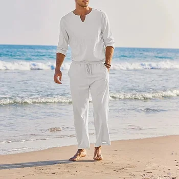 Set da uomo in due pezzi casual in cotone e lino, top e pantaloni a maniche lunghe con scollo a V allentati, abiti da uomo stile spiaggia estivi
