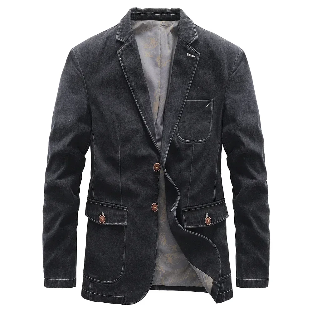 Men Cotton Denim Suit Jacket Button Up Top Mens Thin Slim Black Gray Suit Spring Blazer Male Outerwear Casual Office Wear 4xl