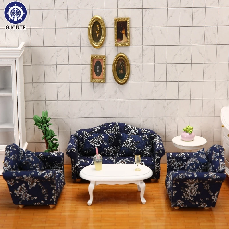 Dollhouse Mini Sofa With Pillow Blue Cloth Small Fragmented Flower Sofa Furniture Model Scene Toy Doll House Decor Accessories