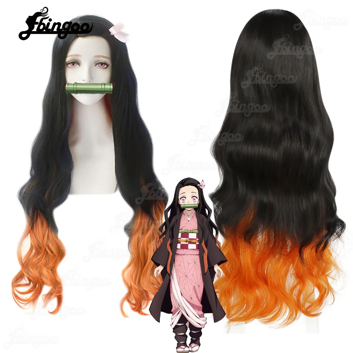 Ebingoo Synthetic Wig Demon Slayer Kamado Nezuko Cosplay Wig Long Gradient Curly Wave Hair Wigs Heat Resistant Fiber Costume Wig anime demon slayer katana umbrella sunshade long handle parasol umbrellas kimetsu no yaiba tanjirou windproof sword rain gear