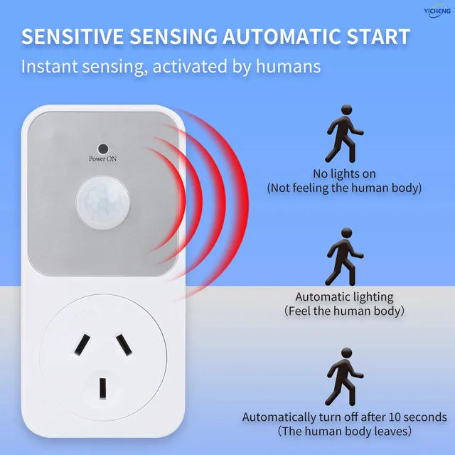 YICHENG Motion เปิดใช้งานปลั๊กไฟฟ้า Outlet Motion Detection Sensor ความปลอดภัยโรงรถ, ซ็อกเก็ตเซ็นเซอร์ PIR 1