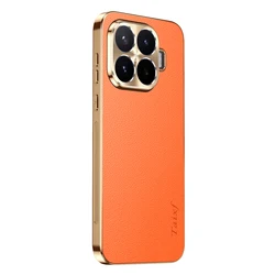 Luxury Leather Lychee Texture Shockproof Camera Protection Case with Premium Tough Bumper for Xiaomi 17T Pro (Orange)