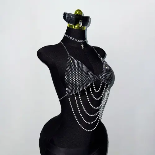 Women Pearl Chain Tassel Tank Top Shiny Diamonds Mesh V Neck Backless Halter Neck Crop Top Rave Vocal Concert Party Camisole - Image 5