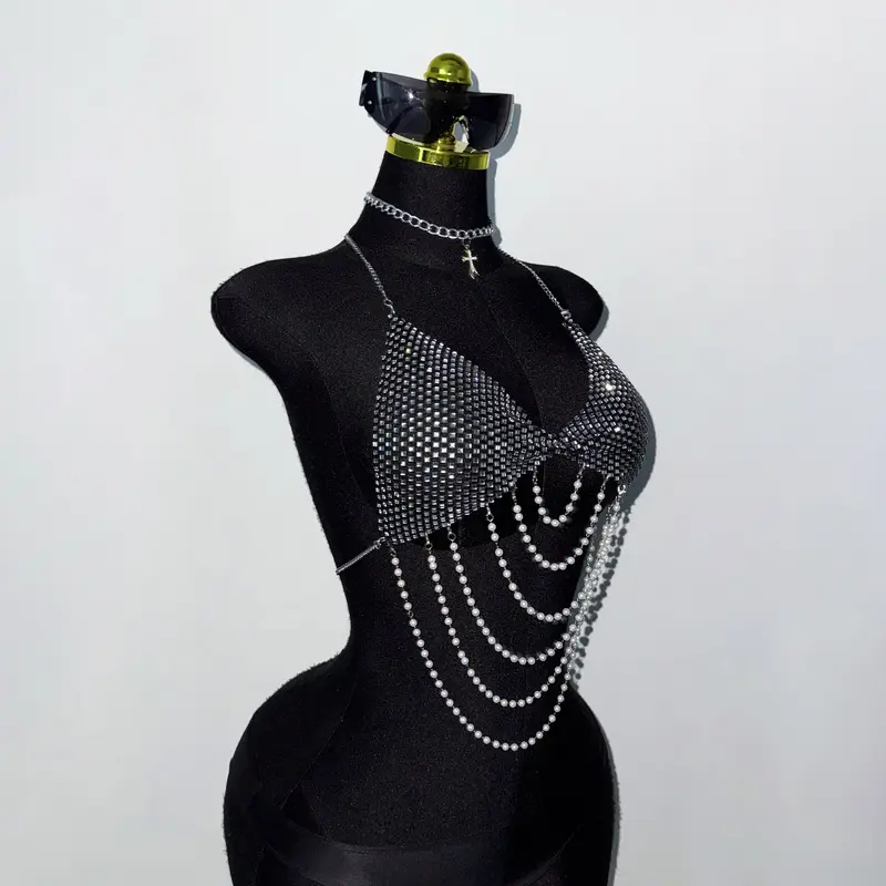 Women Pearl Chain Tassel Tank Top Shiny Diamonds Mesh V Neck Backless Halter Neck Crop Top Rave Vocal Concert Party Camisole - Image 5