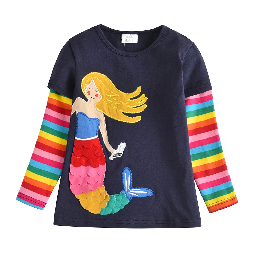 VIKITA Girls Clothing Sets Kids Mermaid Appliqued Long Sleeve RainboW Striped Cotton Casual Tops and Tees and Pencil Pants 2 pcs