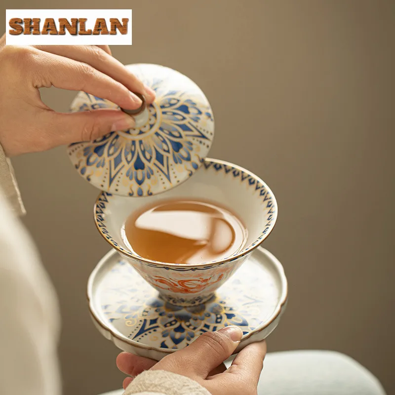 Ceramic Rubbings Flying Sky Gaiwan Zen Anti-scald Tea Tureen Tea Bowl With Lid Kit Brewing Cover Bowl Drinkware Craft Gift