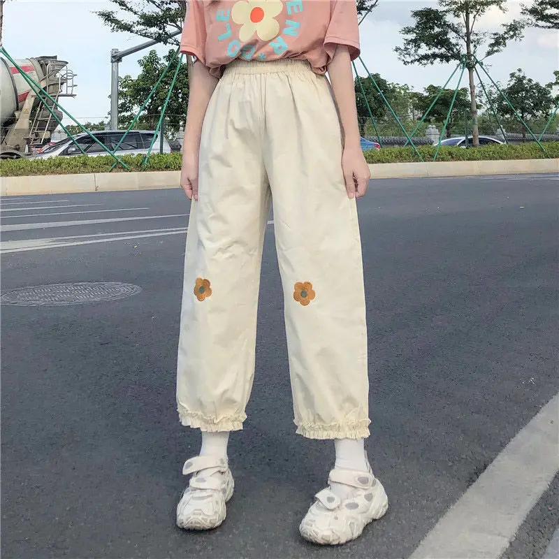 Harajuku Casual Pants Ins Sweet All-match Ankle-Length Trousers Women Beige Floral Embroidery Lovely Japanese Style Trendy Baggy