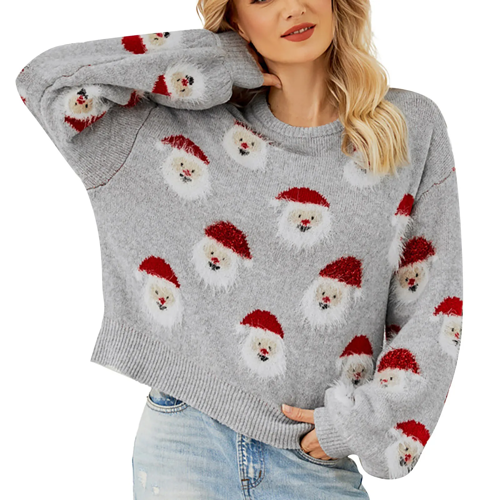 

Women Sweater Christmas Knitted Tops Cute Santa Head Print Pullover Soft Long Sleeve Autumn Bottomshirts Female Knitted Shirts